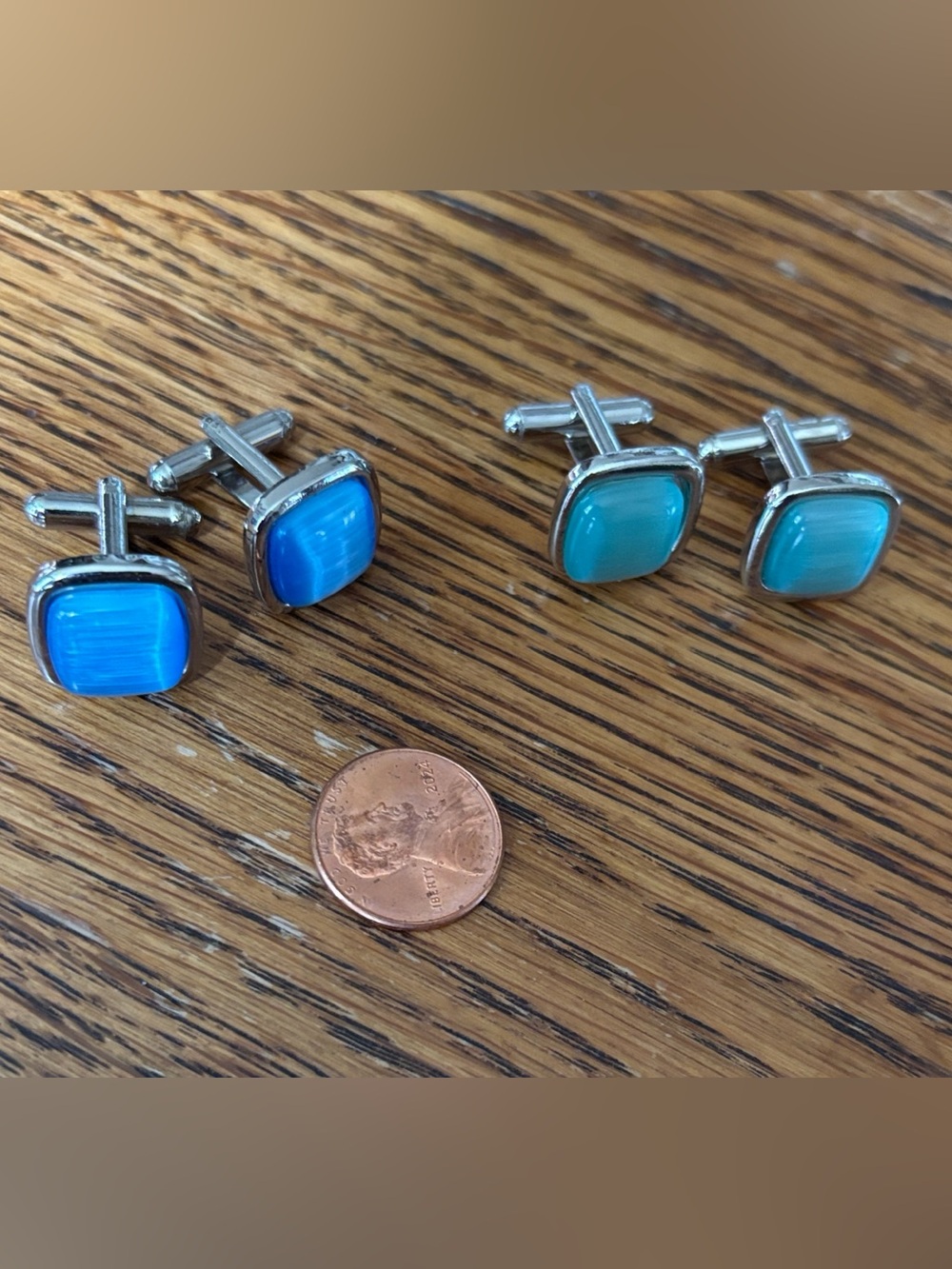 Blue and Green Square Cufflinks - Silver Setting